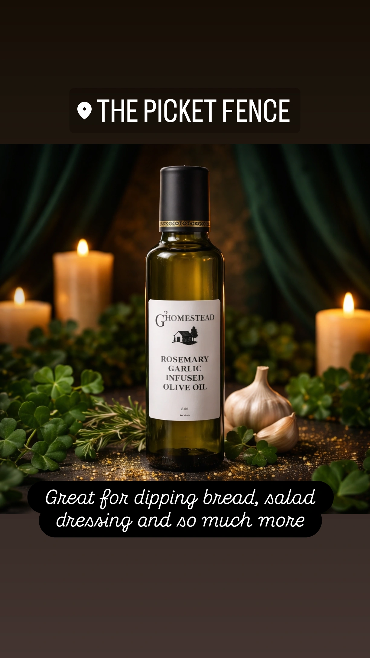 Rosemary-Garlic-Infused-Olive-Oil-Picket-Fence-2.webp G2 Homestead Rosemary Garlic Infused Olive Oil by a picket fence
