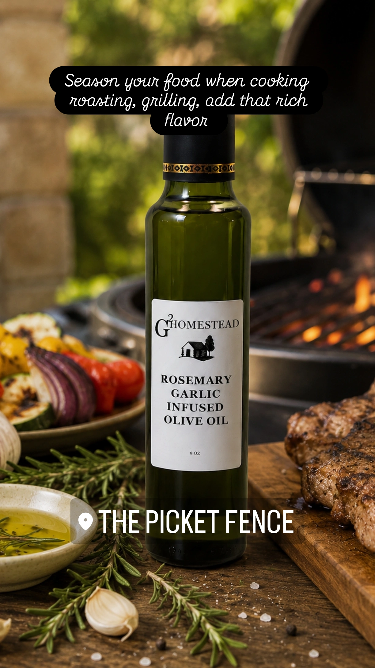 Rosemary-Garlic-Infused-Olive-Oil-Picket-Fence-3.webp Rosemary Garlic Infused Olive Oil product photo by a picket fence