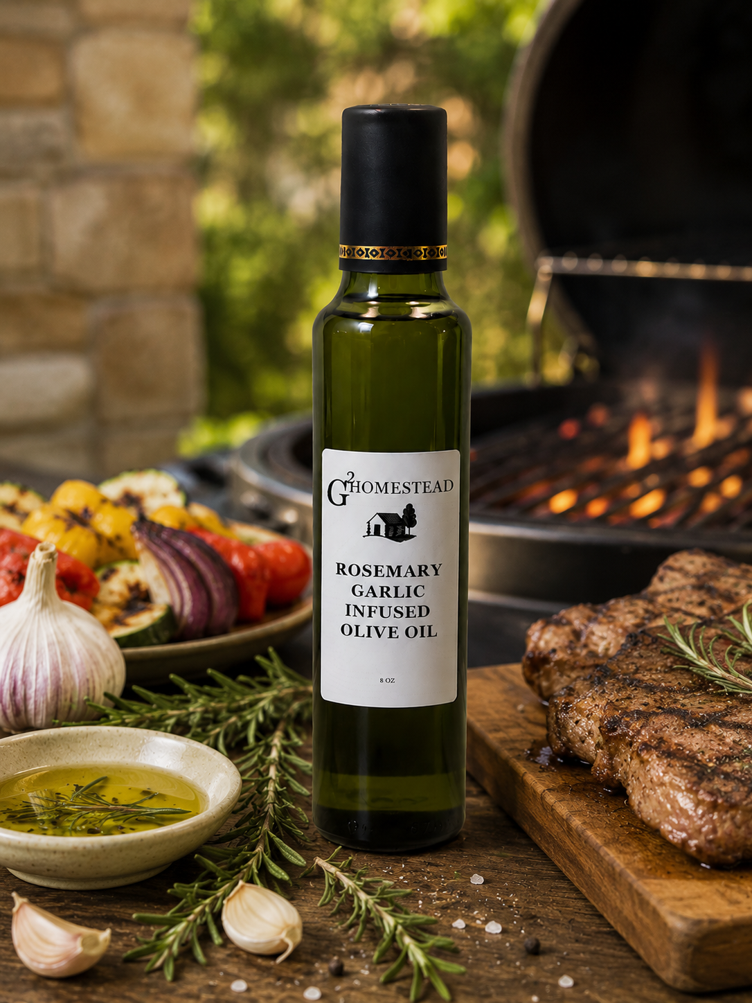 RosemaryGarlicInfusedOliveOil8oz.png G2 Homestead rosemary garlic infused olive oil bottle