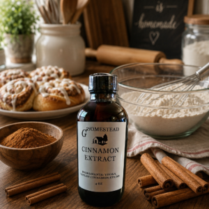 G2 Homestead cinnamon extract bottle in a home baking kitchen