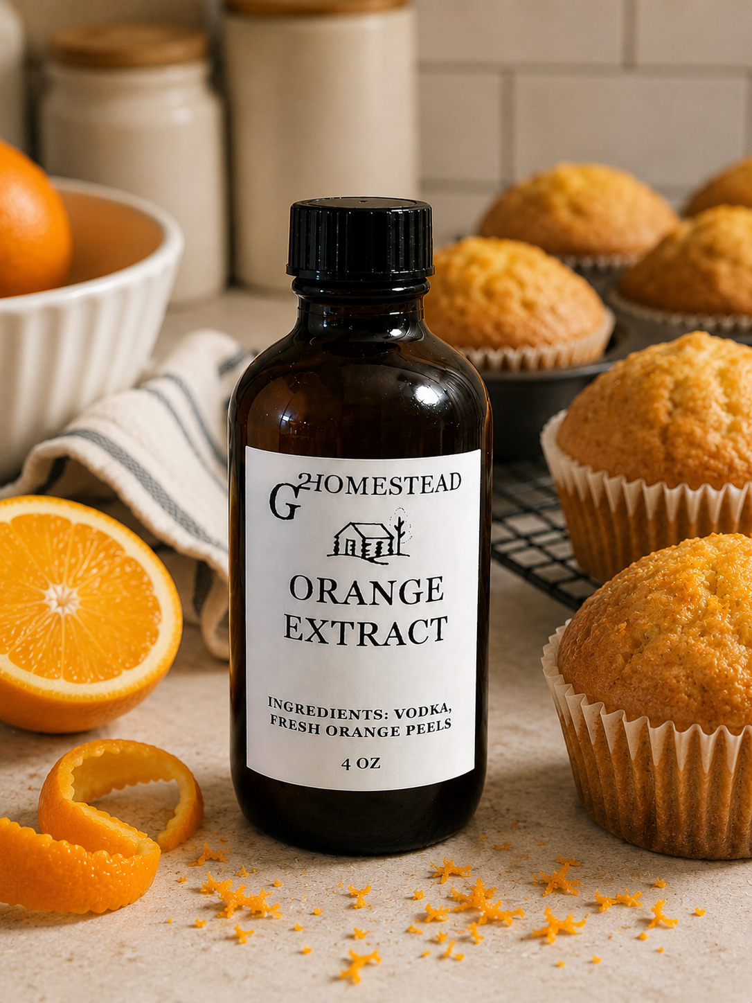 Orange Extract 4oz G2 Homestead orange extract 4 oz bottle with fresh oranges