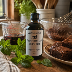 G2 Homestead peppermint extract bottle with mint and chocolate brownies