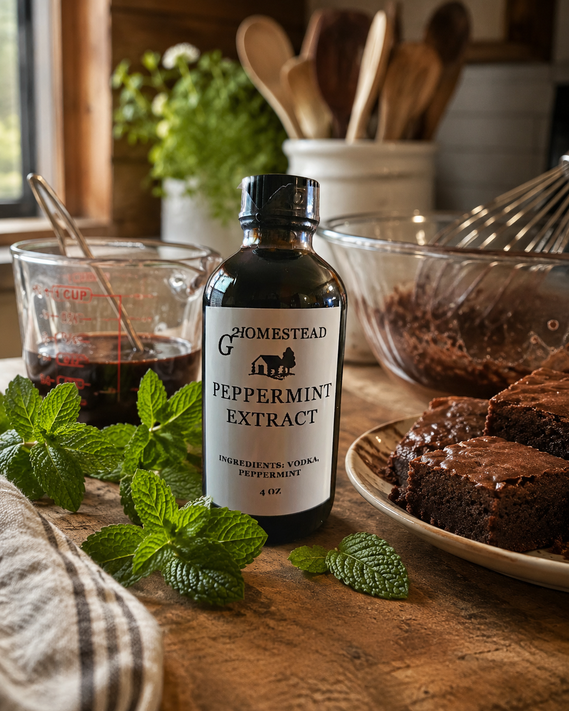 Peppermint Extract G2 Homestead peppermint extract bottle with mint and chocolate brownies
