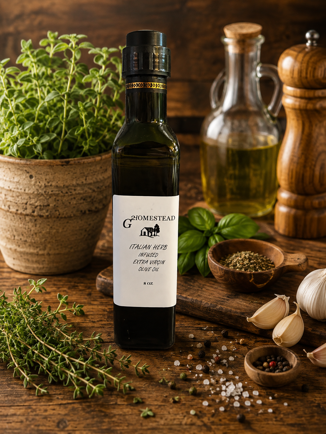 Italian Herb Infused Olive Oil 8oz G2 Homestead Italian Herb infused olive oil 8 oz bottle
